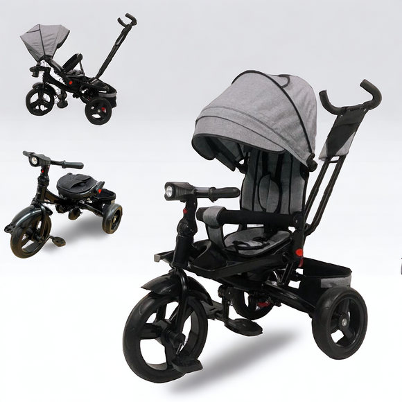 Tricicleta  plus 8 luni evolutiva, cu pozitie de somn, scaun rotativ si muzica distractiva, culoare GRI, BBD5099EVAG