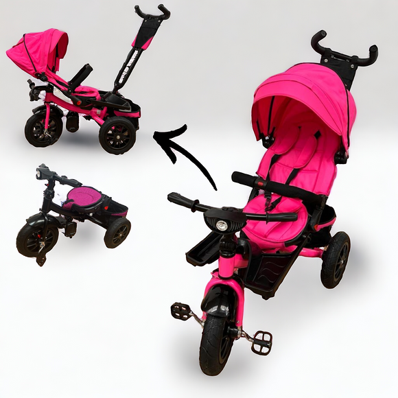 Tricicleta roti cauciuc plin, cu pozitie somn, scaun rotativ, muzica si lumini,culoare  ROZ, BBD5299RZ