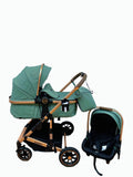 Carucior 3 in 1, Kidilo, cu suspensii, Geanta termica pentru accesorii si salteluta, Landou reversibil, Cadru aluminiu, BBDA10GREEN