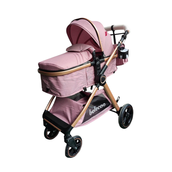 Carucior 2 in 1 Belecoo XID, cu inchidere compacta, 0-36 luni, reversibil ROZ