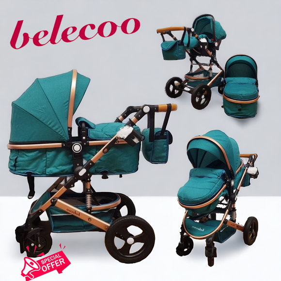 Carucior Belecoo 3 in 1 cu suspensii si roti cauciuc plin, reversibil, accesorizat culoare TURCOAZ, BBD530WT