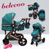Carucior Belecoo 3 in 1 cu suspensii si roti cauciuc plin, reversibil, accesorizat culoare TURCOAZ, BBD530WT