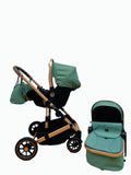Carucior 3 in 1, Kidilo, cu suspensii, Geanta termica pentru accesorii si salteluta, Landou reversibil, Cadru aluminiu, BBDA10GREEN