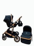 Carucior 3 in 1, Kidilo, cu suspensii, Geanta termica pentru accesorii si salteluta, Landou reversibil, Cadru aluminiu, BBDA10BLACK