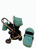 Carucior 3 in 1, Kidilo, cu suspensii, Geanta termica pentru accesorii si salteluta, Landou reversibil, Cadru aluminiu, BBDA10GREEN