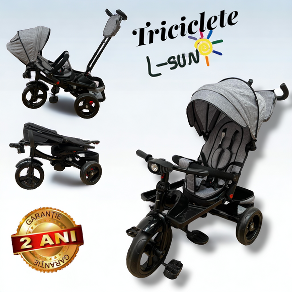 Tricicleta L-Sun SL02, cu pozitie de somn, scaun rotativ si muzica distractiva, culoare GRI