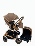 Carucior 3 in 1, Kidilo, cu suspensii, Geanta termica pentru accesorii si salteluta, Landou reversibil, Cadru aluminiu, BBDA10COFFE