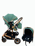 Carucior 3 in 1, Kidilo, cu suspensii, Geanta termica pentru accesorii si salteluta, Landou reversibil, Cadru aluminiu, BBDA10GREEN