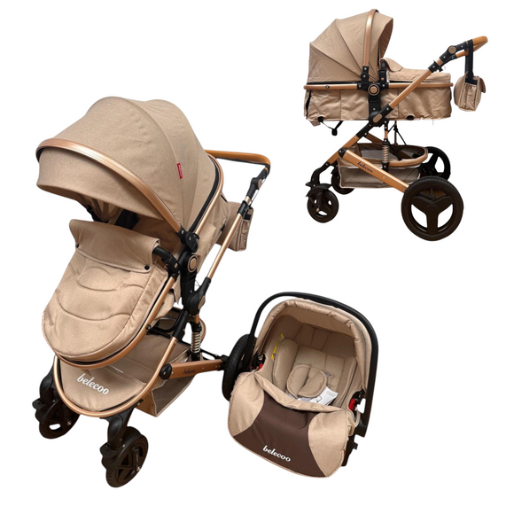 Carucior Belecoo 3 in 1 cu suspensii si roti cauciuc plin, reversibil, accesorizat culoare Crem , BBD530WT