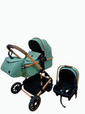Carucior 3 in 1, Kidilo, cu suspensii, Geanta termica pentru accesorii si salteluta, Landou reversibil, Cadru aluminiu, BBDA10GREEN
