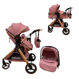 Carucior 3 in 1 Belecoo XID cu landou transformabil,pliere compacta reversibil, recomandat 0-36 luni culoare Roz, BBDXID3ROZ