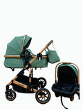 Carucior 3 in 1, Kidilo, cu suspensii, Geanta termica pentru accesorii si salteluta, Landou reversibil, Cadru aluminiu, BBDA10GREEN