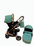 Carucior 3 in 1, Kidilo, cu suspensii, Geanta termica pentru accesorii si salteluta, Landou reversibil, Cadru aluminiu, BBDA10GREEN