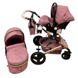 Carucior Belecoo 3 in 1 cu suspensii si roti cauciuc plin, reversibil, accesorizat culoare Roz, BBD530WT