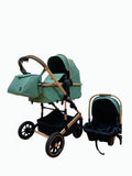 Carucior 3 in 1, Kidilo, cu suspensii, Geanta termica pentru accesorii si salteluta, Landou reversibil, Cadru aluminiu, BBDA10GREEN