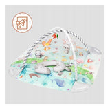 Salteluta interactiva, Lionelo, Anika, 8 jucarii senzoriale, detasabile, fosnaitoare, logopedice, Lavabila la masina, Husa din bambus, 116x112 cm, Multicolor