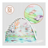 Salteluta interactiva, Lionelo, Anika, 8 jucarii senzoriale, detasabile, fosnaitoare, logopedice, Lavabila la masina, Husa din bambus, 116x112 cm, Multicolor