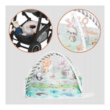 Salteluta interactiva, Lionelo, Anika, 8 jucarii senzoriale, detasabile, fosnaitoare, logopedice, Lavabila la masina, Husa din bambus, 116x112 cm, Multicolor