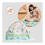 Salteluta interactiva, Lionelo, Anika, 8 jucarii senzoriale, detasabile, fosnaitoare, logopedice, Lavabila la masina, Husa din bambus, 116x112 cm, Multicolor