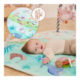 Salteluta interactiva, Lionelo, Anika, 8 jucarii senzoriale, detasabile, fosnaitoare, logopedice, Lavabila la masina, Husa din bambus, 116x112 cm, Multicolor