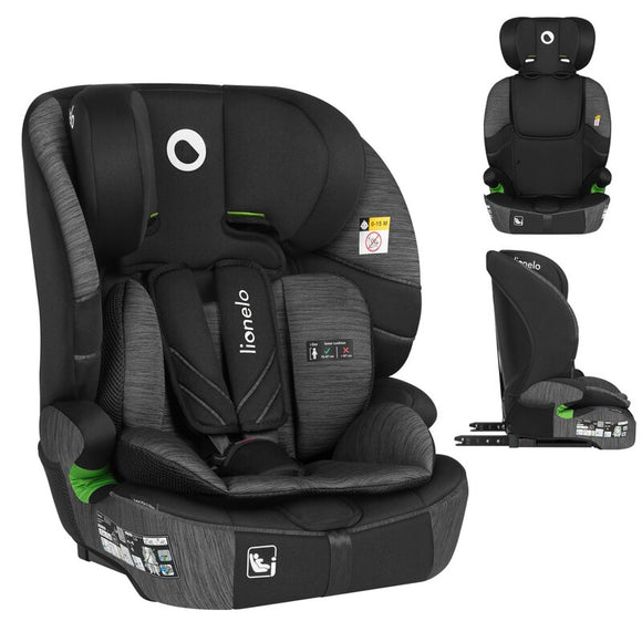 Scaun auto i-Size, Lionelo, Levi Fix, 76 - 150 cm, 1/2/3, ISOFIX + Top Tether, Tetiera reglabila in 10 pozitii, Insertie ergonomica Dri-Seat, Tapiterie lavabila, Testat la impact, Baza lata, Cotiere practice, Conform cu R129, Negru/Gri