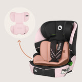Scaun auto i-Size, Lionelo, Levi Fix, 76 - 150 cm, 1/2/3, ISOFIX + Top Tether, Tetiera reglabila in 10 pozitii, Insertie ergonomica Dri-Seat, Tapiterie lavabila, Testat la impact, Baza lata, Cotiere practice, Conform cu R129, Roz