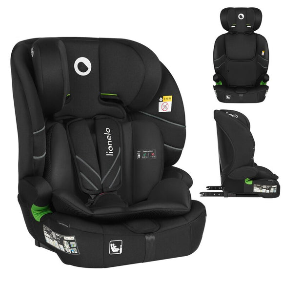 Scaun auto i-Size, Lionelo, Levi Fix, 76 - 150 cm, 1/2/3, ISOFIX + Top Tether, Tetiera reglabila in 10 pozitii, Insertie ergonomica Dri-Seat, Tapiterie lavabila, Testat la impact, Baza lata, Cotiere practice, Conform cu R129, Negru