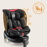 Scaun auto, Lionelo, i-Size Navy, 0-36 Kg, 40-150 cm, Cu isofix si picior de fixare, Protectie laterala, Rotire 360 grade, Ajustare spatar in 4 pozitii, Tetiera reglabila in 11 trepte, Conform cu R129, Negru/Rosu