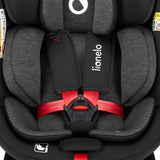 Scaun auto, Lionelo, i-Size Navy, 0-36 Kg, 40-150 cm, Cu isofix si picior de fixare, Protectie laterala, Rotire 360 grade, Ajustare spatar in 4 pozitii, Tetiera reglabila in 11 trepte, Conform cu R129, Negru/Rosu