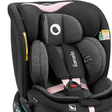 Scaun auto, Lionelo, i-Size Navy, 0-36 Kg, 40-150 cm, Cu isofix si picior de fixare, Protectie laterala, Rotire 360 grade, Ajustare spatar in 4 pozitii, Tetiera reglabila in 11 trepte, Conform cu R129, Negru/Roz