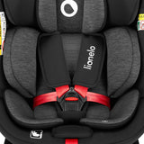 Scaun auto, Lionelo, i-Size Navy, 0-36 Kg, 40-150 cm, Cu isofix si picior de fixare, Protectie laterala, Rotire 360 grade, Ajustare spatar in 4 pozitii, Tetiera reglabila in 11 trepte, Conform cu R129, Negru/Rosu