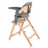 Scaun de masa multifunctional Megan, Lionelo, Din lemn de fag, 6 luni- adult, Reglabil pe inaltime, Husa impermeabila, Tavita silicon, Suport de picioare reglabil, Greutate maxima 110 Kg, Gri