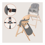 Scaun de masa multifunctional Megan, Lionelo, Din lemn de fag, 6 luni- adult, Reglabil pe inaltime, Husa impermeabila, Tavita silicon, Suport de picioare reglabil, Greutate maxima 110 Kg, Gri