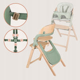 Scaun de masa multifunctional Megan, Lionelo, Din lemn de fag, 6 luni- adult, Reglabil pe inaltime, Husa impermeabila, Tavita silicon, Suport de picioare reglabil, Greutate maxima 110 Kg, Verde