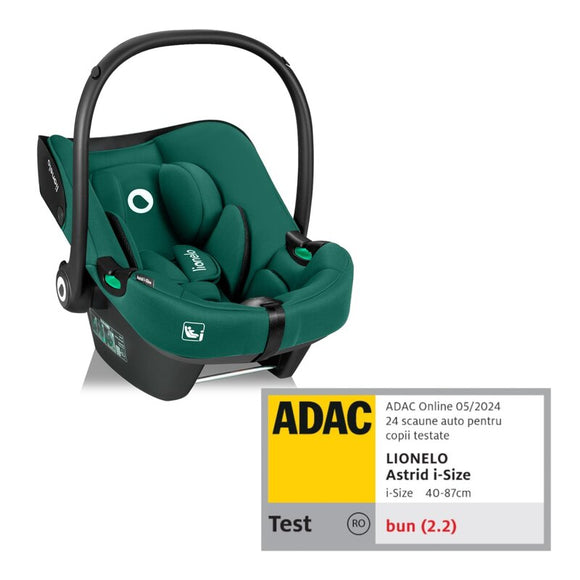 Scoica auto, Lionelo, i-Size Astrid, 0-13 Kg, 40-87 cm, Cu maner si capotina reglabile, Cu protectie laterala avansata, Salteluta confortabila, Testat ADAC, Conform cu standardul european de securitate R129, Verde