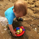 Set 3 animalute de baie si barca plutitoare, Playgro, Fara gauri, Cu gentuta pentru transport, Fara BPA, Splash and Float Friends, Multicolor