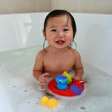 Set 3 animalute de baie si barca plutitoare, Playgro, Fara gauri, Cu gentuta pentru transport, Fara BPA, Splash and Float Friends, Multicolor