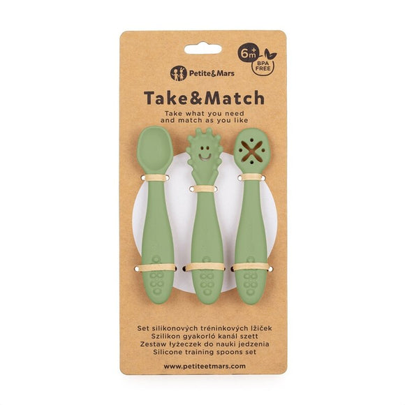 Set 3 lingurite, Petite&Mars, Take&Match, Din silicon, Diverse forme, Pentru supa, paste, alimente usoare, Dezvolta simturile si abilitatile senzoriale, Adecvate pentru masina de spalat vase, Fara BPA, 6 luni+, Sweet Pea, Verde