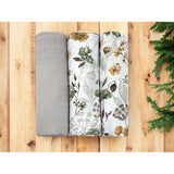 Set 3 museline, MimiNu, Multifunctionale, Din bumbac certificat Oeko Tex Standard 100, 75x75 cm, Botanica si Grey