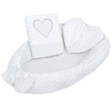 Set 3 piese, New Baby, Luxury, Baby Nest cu doua fete, Cu paturica si pernuta in forma de inima, Minky Heart White