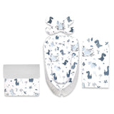 Set 4 in 1 Cosulet bebelus, MimiNu, Baby Cocoon 75x55 cm, Husa bumbac, Din bumbac certificat Oeko Tex Standard 100, Cu paturica 50x70 cm, Cu salteluta, Cu perna fluture, Dino Granat