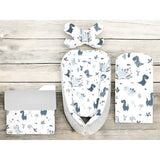 Set 4 in 1 Cosulet bebelus, MimiNu, Baby Cocoon 75x55 cm, Husa bumbac, Din bumbac certificat Oeko Tex Standard 100, Cu paturica 50x70 cm, Cu salteluta, Cu perna fluture, Dino Granat