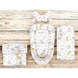 Set 4 in 1 Cosulet bebelus, MimiNu, Baby Cocoon 75x55 cm, Husa bumbac, Din bumbac certificat Oeko Tex Standard 100, Cu paturica 50x70 cm, Cu salteluta, Cu perna fluture, Sweet Deer Pink