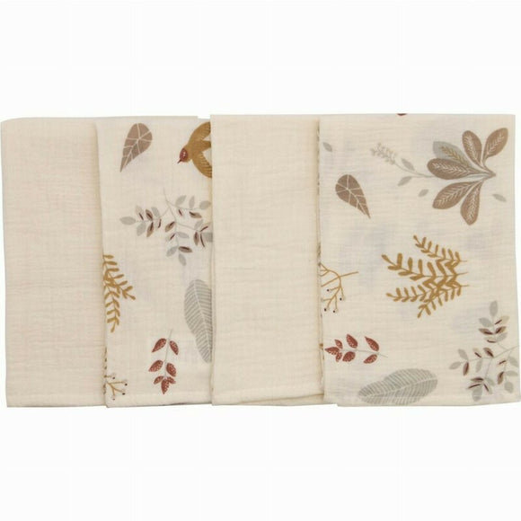Set 4 lavete, Bubaba, Din muselina, Dimensiune 40x40 cm, Pentru spalarea si ingrijirea fetei si a corpului bebelusului dupa masa sau baita, Beige Leafs