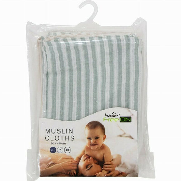 Set 4 lavete, Bubaba, Din muselina, Dimensiune 40x40 cm, Pentru spalarea si ingrijirea fetei si a corpului bebelusului dupa masa sau baita, Green Stripes