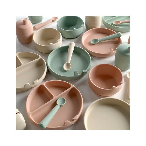 Set complet de masa, Jane, Din silicon, Cu 4 piese, Farfurie, Bol, Lingurita si pahar, BPA free, Sand