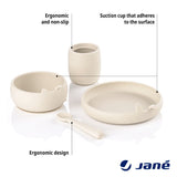 Set complet de masa, Jane, Din silicon, Cu 4 piese, Farfurie, Bol, Lingurita si pahar, BPA free, Sand