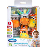 Set jucarii zornaitoare, Playgro, Include sosete interactive si 2 bratari, Inchidere cu velcro, Stimuleaza dezvoltarea senzoriala si tactila, 6 luni+, Jungle Wrist Rattle and Foot Finder