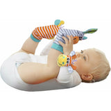 Set jucarii zornaitoare, Playgro, Include sosete interactive si 2 bratari, Inchidere cu velcro, Stimuleaza dezvoltarea senzoriala si tactila, 6 luni+, Jungle Wrist Rattle and Foot Finder