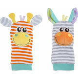 Set jucarii zornaitoare, Playgro, Include sosete interactive si 2 bratari, Inchidere cu velcro, Stimuleaza dezvoltarea senzoriala si tactila, 6 luni+, Jungle Wrist Rattle and Foot Finder